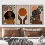 Mid Century Modern Boho " African American Stylish Black Woman Female Portrait Mid-Century Modern Boho Abstract Jungle Plant " 3 - Pieces