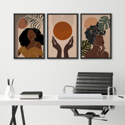 Mid Century Modern Boho ” African American Stylish Black Woman Female Portrait Mid-Century Modern Boho Abstract Jungle Plant ” 3 – Pieces - Chic Decora