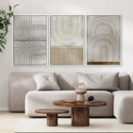 Mid Century Modern Boho " Geometric Circle Lines Wall Decor, Abstract Cozy Neutral Pictures, Framed 3 Pieces Set Graphic Art, Giclee Canvas Digital Print Wall Art "
