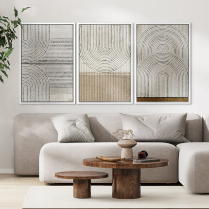 Mid Century Modern Boho ” Geometric Circle Lines Wall Decor, Abstract Cozy Neutral Pictures, Framed 3 Pieces Set Graphic Art, Giclee Canvas Digital Print Wall Art “ - Chic Decora