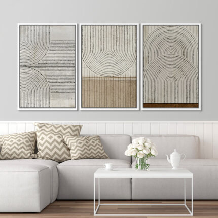 Mid Century Modern Boho ” Geometric Circle Lines Wall Decor, Abstract Cozy Neutral Pictures, Framed 3 Pieces Set Graphic Art, Giclee Canvas Digital Print Wall Art “ - Chic Decora