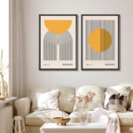 Mid Century Modern Boho Bauhaus Solar Sun Abstract Art Decor Framed On Canvas 2 Pieces Print