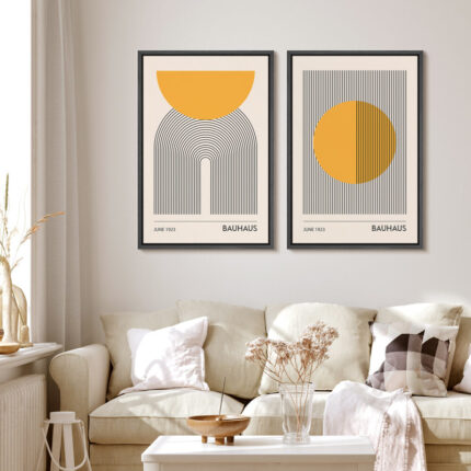 Mid Century Modern Boho Bauhaus Solar Sun Abstract Art Decor Framed On Canvas 2 Pieces Print - Chic Decora
