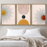 Mid Century Modern Boho Bright Nordic Abstract Living Room Framed Canvas 3 Pieces Print Wall Art
