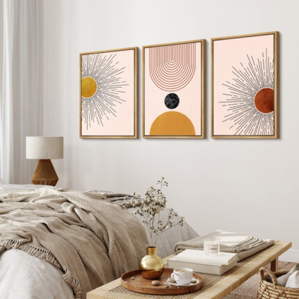 Mid Century Modern Boho Bright Nordic Abstract Living Room Framed Canvas 3 Pieces Print Wall Art - Chic Decora