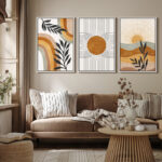 Mid Century Modern Boho Brown Abstract Sun Tropical Plant - Framed 3 Piece Set Canvas Print Picture - Image 6