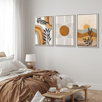 Mid Century Modern Boho Brown Abstract Sun Tropical Plant – Framed 3 Piece Set Canvas Print Picture - Chic Decora