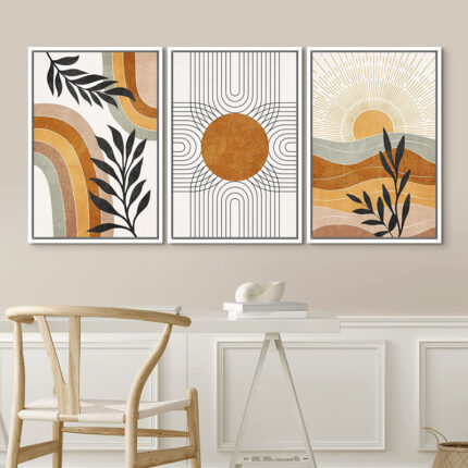 Mid Century Modern Boho Brown Abstract Sun Tropical Plant – Framed 3 Piece Set Canvas Print Picture - Chic Decora