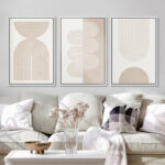 Mid Century Modern Boho Duotone Beige Abstract Shape Framed Canvas 3 Pieces Print Wall Art Neutral Decor - Image 3