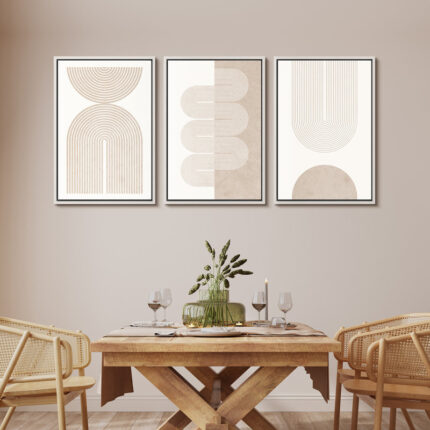 Mid Century Modern Boho Duotone Beige Abstract Shape Framed Canvas 3 Pieces Print Wall Art Neutral Decor - Chic Decora