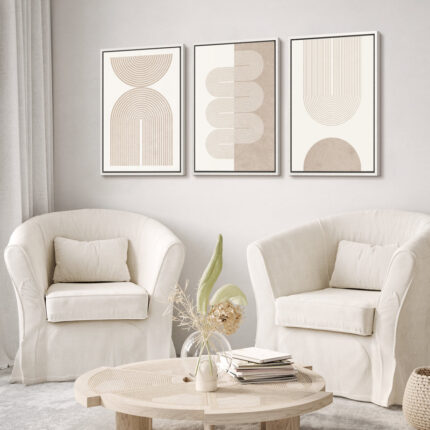 Mid Century Modern Boho Duotone Beige Abstract Shape Framed Canvas 3 Pieces Print Wall Art Neutral Decor - Chic Decora