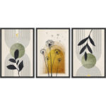 Mid Century Modern Boho Green Yellow Abstract Botanical Decor - 3 Piece Set Canvas Print Wall Art - Image 5