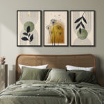 Mid Century Modern Boho Green Yellow Abstract Botanical Decor - 3 Piece Set Canvas Print Wall Art