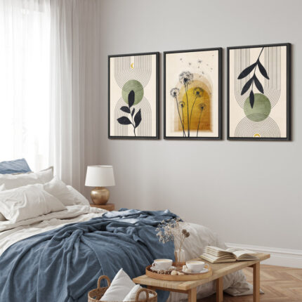 Mid Century Modern Boho Green Yellow Abstract Botanical Decor – 3 Piece Set Canvas Print Wall Art - Chic Decora