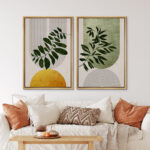 Mid Century Modern Boho Green Yellow Bright Plant Art Framed Canvas 2 Pieces Print Wall Art Set
