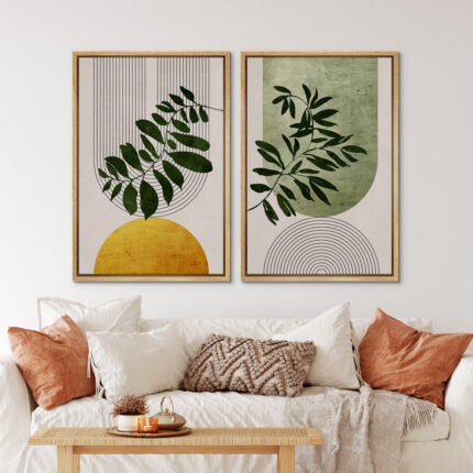 Mid Century Modern Boho Green Yellow Bright Plant Art Framed Canvas 2 Pieces Print Wall Art Set - Chic Decora