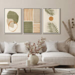Mid Century Modern Boho Organic Tropical Leaf Abstract Framed Canvas 3 Pieces Print Wall Art - Image 5