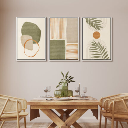 Mid Century Modern Boho Organic Tropical Leaf Abstract Framed Canvas 3 Pieces Print Wall Art - Chic Decora