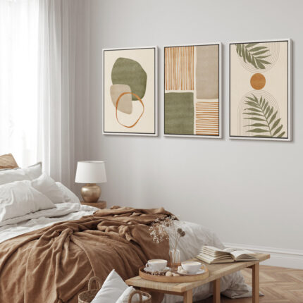 Mid Century Modern Boho Organic Tropical Leaf Abstract Framed Canvas 3 Pieces Print Wall Art - Chic Decora