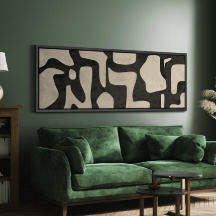 Mid Century Shape Abstract Contours, Black And White Beige Artwork, Retro Bedroom Home Decor, Extra Large Framed Canvas Print Wall Art - Chic Decora