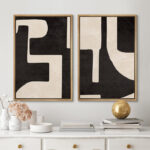 Mid Century Shape Black & Cream Geometric Paint Stroke Abstract Neutral Décor Framed Canvas 2 Pieces Print Wall Art - Image 7