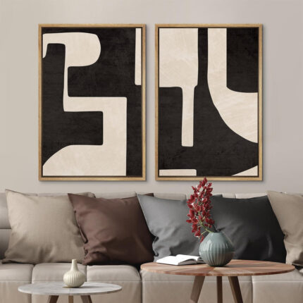 Mid Century Shape Black & Cream Geometric Paint Stroke Abstract Neutral Décor Framed Canvas 2 Pieces Print Wall Art - Chic Decora