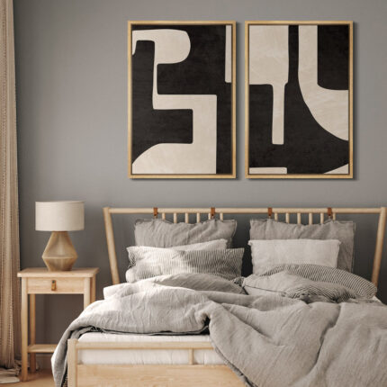 Mid Century Shape Black & Cream Geometric Paint Stroke Abstract Neutral Décor Framed Canvas 2 Pieces Print Wall Art - Chic Decora