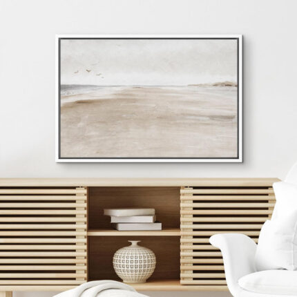 Minimal Landscape Sandy Beach Coastal Abstract Seascape Minimalist Neutral Decor Large Framed Canvas Print Wall Art - Chic Decora