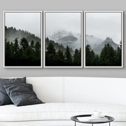 Misty Forest Landscape Mountain With Fog Natural Framed Canvas 3 Pieces Photograph Print Wall Art - Chic Decora