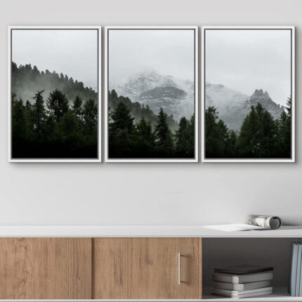 Misty Forest Landscape Mountain With Fog Natural Framed Canvas 3 Pieces Photograph Print Wall Art - Chic Decora