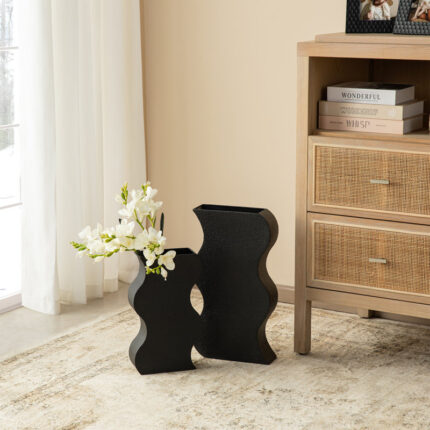 Modern Black Textured Ripple Metal Vase Floor Vase (Set of 2) - Chic Decora