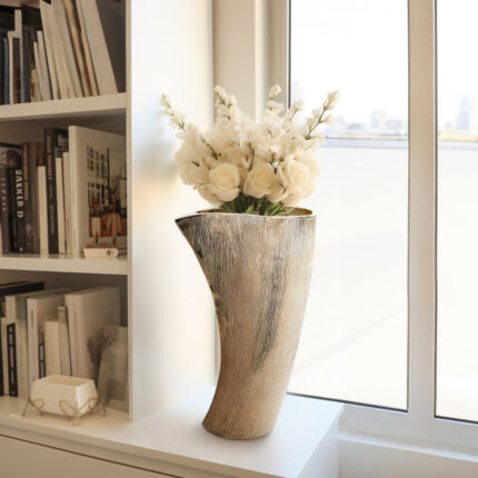 Modern Curved Textured Table Vase for Home Decorâ€“ Elegant Tall Flower Vases for Bedroom Styling, Console Accent, and Living Room Decor â€“ Gold - Chic Decora