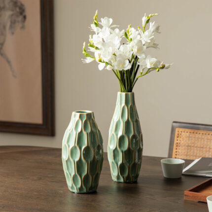 Modern Geometric Green Ceramic Table Vases (Set of 2) - Chic Decora