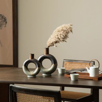 Modern Two-Tone Color With Circle Hollow Ceramic Table Vases (Set of 2) - Chic Decora