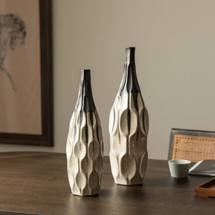 Modern Two-Tone Color With Geometric Faceted Ceramic Table Vases (Set of 2) - Chic Decora