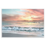 Morning Sunrise Beach Landscape Distant Mountains Rolling Tide Black Framed Giclee Texturized Art By Mike Calascibetta