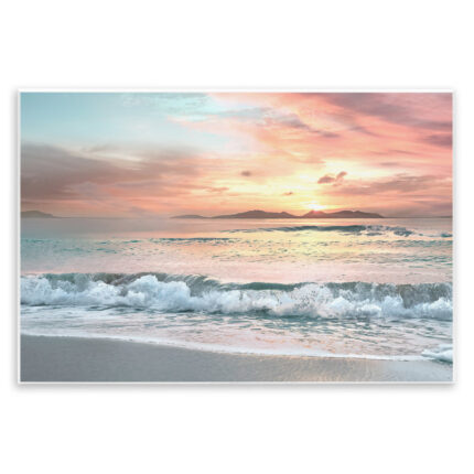 Morning Sunrise Beach Landscape Distant Mountains Rolling Tide Black Framed Giclee Texturized Art By Mike Calascibetta - Chic Decora