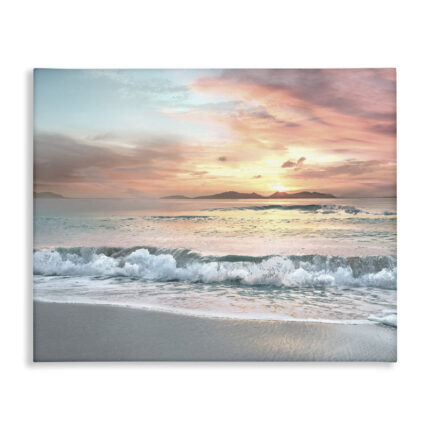 Morning Sunrise Beach Landscape Distant Mountains Rolling Tide Black Framed Giclee Texturized Art By Mike Calascibetta - Chic Decora