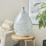 Mufaddal Mother of Pearl Shell Handmade Large Mosaic Floral Decorative Blue Vase with Cream Underlay - Image 8
