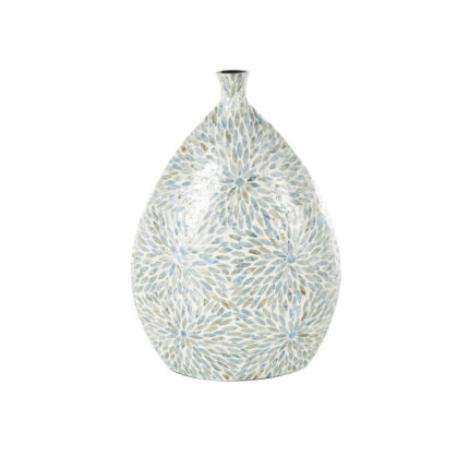 Mufaddal Mother of Pearl Shell Handmade Large Mosaic Floral Decorative Blue Vase with Cream Underlay - Chic Decora