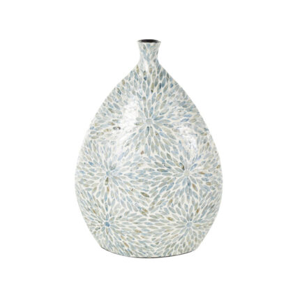 Mufaddal Mother of Pearl Shell Handmade Large Mosaic Floral Decorative Blue Vase with Cream Underlay - Chic Decora