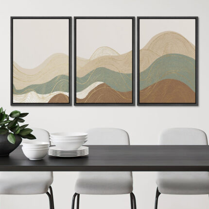 Multicolor Geometric Wave Abstract Mountain Landscape Wall Art Framed Canvas 3 Piece Painting Print - Chic Decora