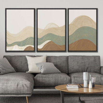 Multicolor Geometric Wave Abstract Mountain Landscape Wall Art Framed Canvas 3 Piece Painting Print - Chic Decora