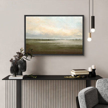 Muted Green Sunrise French Country Landscape Rustic Neutral Large Framed Canvas Print Wall Art Work - Chic Decora