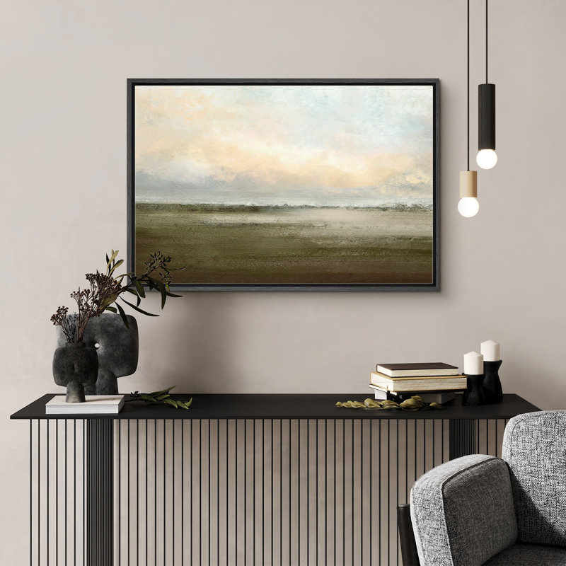 Muted Green Sunrise French Country Landscape Rustic Neutral Large Framed Canvas Print Wall Art Work - Chic Decora