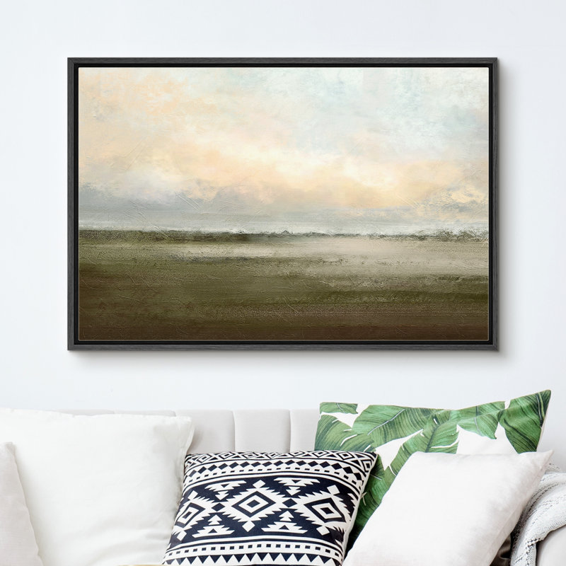 Muted Green Sunrise French Country Landscape Rustic Neutral Large Framed Canvas Print Wall Art Work - Chic Decora