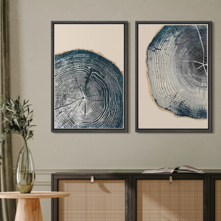 Navy Blue Wood Tree Ring Simple Minimalist Modern Artwork Framed Canvas 2 Pieces Print Wall Art - Chic Decora