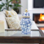 Nina 14" Ceramic Temple Jar with Lid Contemporary Vintage Style Blue and White Chinoiserie Floral Design
