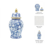 Nina 14" Ceramic Temple Jar with Lid Contemporary Vintage Style Blue and White Chinoiserie Floral Design - Image 5