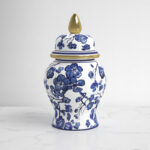 Nina 14" Ceramic Temple Jar with Lid Contemporary Vintage Style Blue and White Chinoiserie Floral Design - Image 6